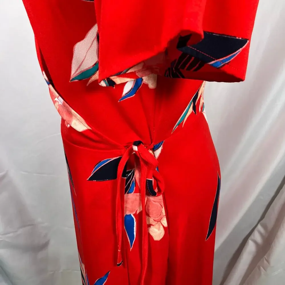 A New Day Red Floral Wrap Midi Dress XS Blue Pink‎ Tie Waist Short Sleeve New